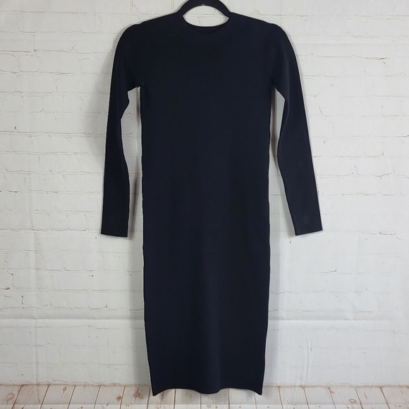 Vince Preppy Fall Ribbed Long Sleeve Sweater Knit Bodycon Midi Dress Black XS - Picture 3 of 12